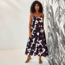 Robe longue imprimée, fines bretelles - Noir - Taille 40 - Viscose - Blancheporte