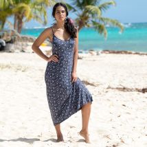 Robe longue évasée imprimée - Taille 54 - Bleu - Blancheporte