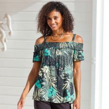 T-shirt épaules dénudées, imprimé - Taille 52 - Noir - Blancheporte