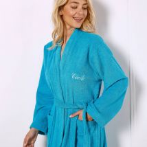 Peignoir mixte adulte uni coton éponge bouclette col kimono personnalisé - Turquoise - Taille 50/52 - Coton - Colombine - Blancheporte