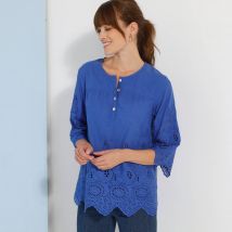 Blouse unie manches 3/4, broderie anglaise - Bleu - Taille 48 - Coton - Blancheporte