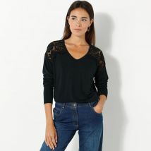 T-shirt col V manches longues dentelle - Taille 54 - Noir - Blancheporte