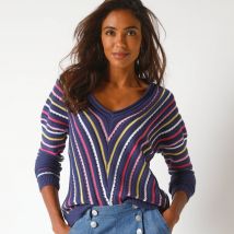Pull V maille fantaisie, rayures graphiques - Taille 52 - Bleu - Blancheporte