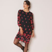 Robe en voile imprimé, manches 3/4 - Taille 52 - Noir - Blancheporte