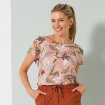 T-shirt col rond imprimé tropical - Orange - Taille 38/40 - Coton/jersey/viscose - Blancheporte