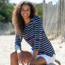 T-shirt marinière rayé manches 3/4 - Bleu - Taille 54 - Coton/jersey - Blancheporte