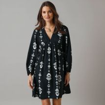 Robe courte col V, crêpe imprimé - T48 - Noir - Lora Zellini - Blancheporte