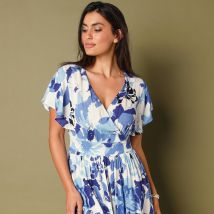 Robe cache-coeur imprimée, crépon - Blanc - Taille 48 - Viscose - Coeur Au Sud - Blancheporte
