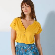 Tee-shirt col tunisien manches courtes, uni - Jaune - Taille 54 - Coton/jersey/viscose - Blancheporte