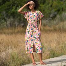 Robe midi boutonnée imprimée, coton lin - Orange - Taille 52 - Coton/lin - Blancheporte