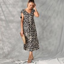 Robe longue manches courtes, imprimé ethnique bicolore - Noir - Taille 54 - Viscose - Blancheporte