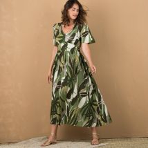 Robe longue imprimée, ceinture smockée dos - Kaki - Taille 38 - Viscose - Lora Zellini - Blancheporte
