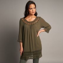 Tunique macramé manches 3/4, crépon - T36 - Kaki - Lora Zellini - Blancheporte