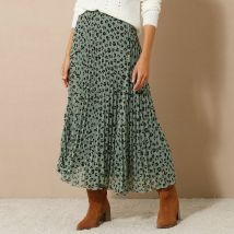 Jupe longue plissée, voile imprimé léopard - Taille 54 - Kaki - Blancheporte