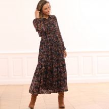 Robe-chemisier longue en voile jacquard imprimé floral - Taille 46 - Noir - Blancheporte