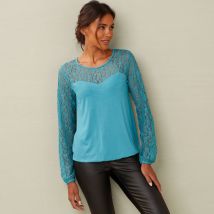 T-shirt empiècement dentelle - manches longues - Taille 50 - Bleu - Blancheporte
