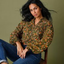Blouse volantée imprimée, crépon - Kaki - Taille 36 - Viscose - Blancheporte