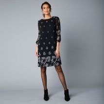 Robe en voile imprimé, manches 3/4 - Taille 40 - Noir - Blancheporte