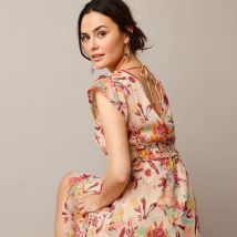 Robe courte effet cache-coeur, voile imprimé - T48 - Beige - Lora Zellini - Blancheporte