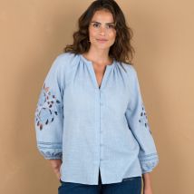 Chemisier uni manches 7/8 blousantes brodées - Bleu - Taille 44 - Coton - Lora Zellini - Blancheporte