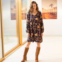 Robe courte col V, imprimé bohème - Bleu - Taille 36 - Viscose - Blancheporte