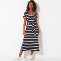 Robe mi-longue ceinturée col V, maille rayée - Bleu - Taille 52 - Coton/jersey - Blancheporte