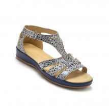 Sandales imprimées en cuir grande largeur - Bleu - Taille 36 - Blancheporte