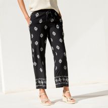 Pantalon large taille haute, viscose imprimée - Noir - Taille 42 - Viscose - Blancheporte