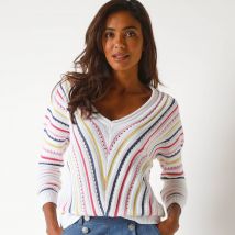 Pull V maille fantaisie, rayures graphiques - Taille 52 - Blanc - Blancheporte