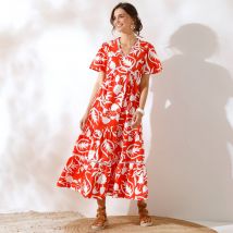 Robe longue imprimée coton, détails jour échelle - Orange - Taille 42 - Coton - Coeur Au Sud - Blancheporte