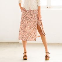 Jupe longue imprimée, boutonnée côté - Orange - Taille 44 - Viscose - Blancheporte