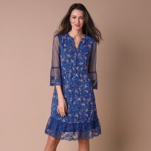 Robe dentelle manches 3/4 imprimée - T48 - Bleu - Lora Zellini - Blancheporte