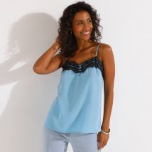 Caraco dentelle fines bretelles, crêpe - Taille 50 - Bleu - Blancheporte