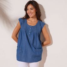 Tunique évasée col rond, denim - Bleu - Taille 52 - Coton - Blancheporte