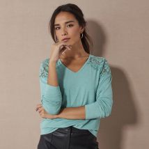 T-shirt col V manches longues dentelle - Taille 54 - Bleu - Blancheporte