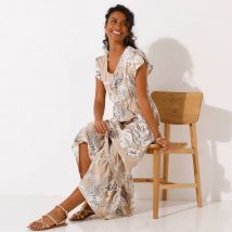 Robe longue macramé, imprimé tropical, taille smockée - Beige - Taille 42 - Viscose - Blancheporte