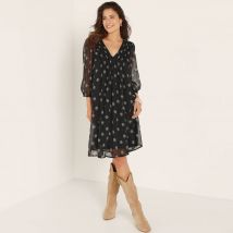 Robe à plis, voile imprimé pois - Taille 40 - Noir - Blancheporte