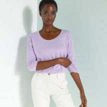 T-shirt manches 3/4 uni, coton - Violet - Taille 52 - Coton/jersey - Blancheporte