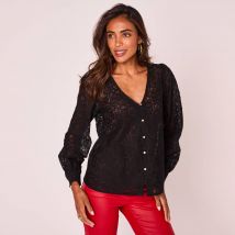 Chemisier dentelle col V - Noir - Taille 36 - Coton - Blancheporte