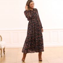 Robe-chemisier longue en voile jacquard imprimé floral - Taille 44 - Noir - Blancheporte