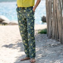 Pantalon fuselé, coton-lin imprimé ethnique - Kaki - Taille 46 - Coton/lin - Blancheporte