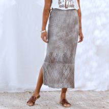 Jupe longue coupe droite effet crochet, doublée - Taille 50 - Taupe - Blancheporte