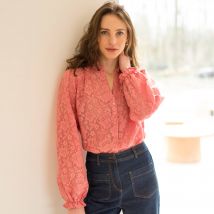 Chemisier en dentelle fleurie, col volanté - Rose - Taille 38 - Coton - Blancheporte