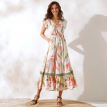 Robe longue imprimée, petits mancherons volantés - Écru - Taille 52 - Viscose - Coeur Au Sud - Blancheporte