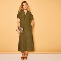 Robe-chemisier longue unie, manches courtes - Kaki - Taille 40 - Viscose - Blancheporte