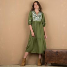 Robe longue manches coudes, broderies contrastées - Kaki - Taille 50 - Viscose - Lora Zellini - Blancheporte