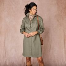 Robe-chemisier uni, manches longues - Kaki - Taille 42 - Coton - Blancheporte