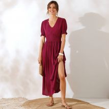 Robe longue col V unie, crépon - T36 - Violet - Coeur Au Sud - Blancheporte