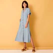 Robe-chemisier longue en jean, manches courtes - Bleu - Taille 38 - Coton - Blancheporte