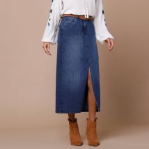 Jupe droite fendue en jean - Taille 36 - Bleu - Blancheporte
